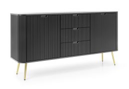 Schwarze Kommode Makreb 12 mit Soft Close System, 87 x 168 x 39 cm, gefräßte Fronten, 3 Schubladen, Beine aus Metall in Gold, 4 Fächer, 2 Türen, ABS