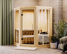 Sauna Tirreni | 38 mm Wandstärke | inkl. 9 kW Ofen mit integrierte Steuerung | Nordische Fichte | 159 x 159 x 210 cm | 2 Superior Liegen | inkl. Kopfstütze
