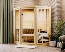 Sauna Tirreni | 38 mm Wandstärke | inkl. 9 kW Ofen mit Steuergerät | Nordische Fichte | 159 x 159 x 210 cm | 2 Superior Liegen | mit Klarglas Tür
