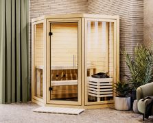 Sauna Tirreni | 38 mm Wandstärke | inkl. 9 kW Bio Ofen mit Steuergerät | Nordische Fichte | 159 x 159 x 210 cm | 2 Superior Liegen | mit Klarglas Tür