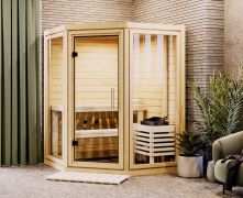 Sauna Tirreni | 38 mm Wandstärke | Nordische Fichte | 159 x 159 x 210 cm | 2 Superior Liegen | mit Klarglas Tür | inkl. Kopfstütze | Steck-Schraubsystem