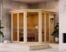 Sauna Laurino | 68 mm Wandstärke | Nordische Fichte | 196 x 196 x 198 cm | 9kW Ofen mit externen Steuergerät | inkl. Zierkranz und Beleuchtung am Dach