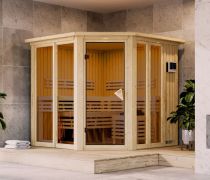 Sauna Laurino | 68 mm Wandstärke | Nordische Fichte | 196 x 196 x 198 cm | 9kW Ofen Bio mit externen Steuergerät | Zierkranz und Beleuchtung am Dach