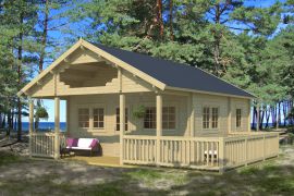 Ferienhaus / Gartenhaus mit Schlafboden & Terrasse, aus nordischen Fichtenholz, 70 mm Blockbohlenhaus, Grundfläche: 55,3 m², Außenmaße: 595 x 595 cm, Satteldach