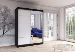 Kleiderschrank / Schiebetürenschrank | Bucegi 21 | Weiß / Schwarz | mit Spiegel | 2 Türen | Griffe: Aluminium | 6 Fächer | 200 x 150 x 61 cm