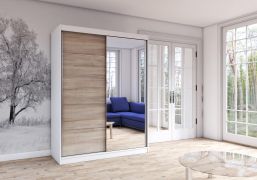 Kleiderschrank / Schiebetürenschrank | Braun / Weiß | Bucegi 13 | mit Spiegel | 2 Türen | Griffe: Aluminium | 6 Fächer | 200 x 150 x 61 cm