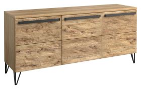 Kommode Buzet 06, Farbe: Eiche / Schwarz, teilmassiv - Abmessungen: 79 x 174 x 50 cm (H x B x T)