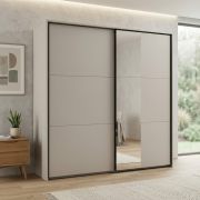 Schiebetürenschrank / Kleiderschrank | 229 x 64 x 221,5 cm | Kaschmir | 3 Kleiderstangen | 5 Fächer | mit Spiegel | 5 Einlegeböden