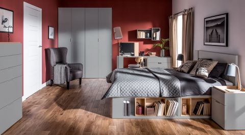 Schlafzimmer Komplett - Set E Minnea inkl. Rahmenlattenrost, 8-teilig, Farbe: Grau / Eiche