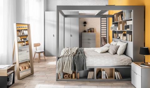 Schlafzimmer Komplett - Set G Minnea inkl. Rahmenlattenrost, 5-teilig, Farbe: Grau / Eiche