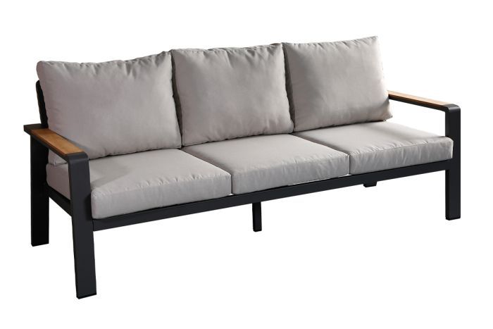 Gartenlounge Sofa 3-Sitzer Lissabon aus Aluminium, Farbe: anthrazit, Stoff: hellgrau, Armlehnen mit Polywood Dekor, 100 mm starke Polsterung - wasserdicht