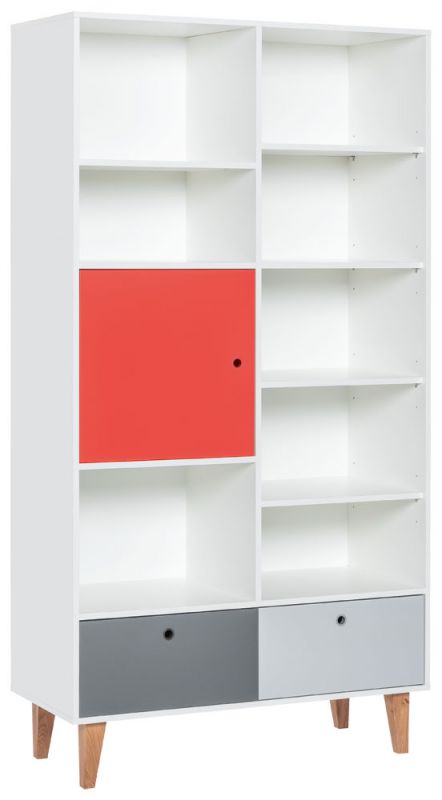 Jugendzimmer - Regal Syrina 15, Farbe: Weiß / Grau / Rot - Abmessungen: 202 x 105 x 45 cm (H x B x T)