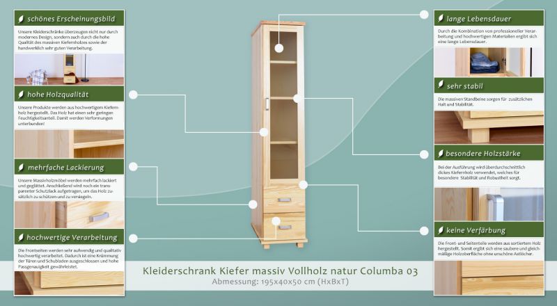 Vollholz-Kleiderschrank, Farbe: Natur 195x40x50 cm