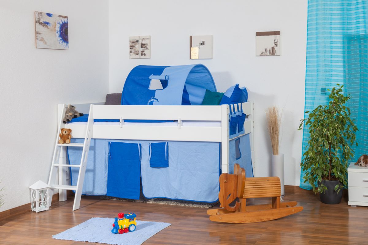 Farbe: klar lackiert Material: Buche massiv natur Kinderbett/Hochbett Tom mit Rutsche und Turm inkl Rollrost