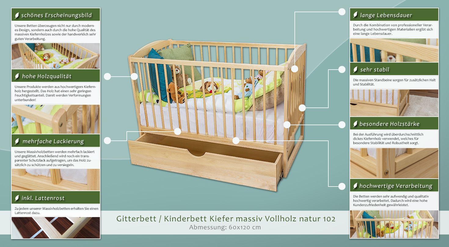Babybett Kinder Gitterbett 120 x 60  Holz Massiv Kiefer Robust Lattenrost Zimmer 