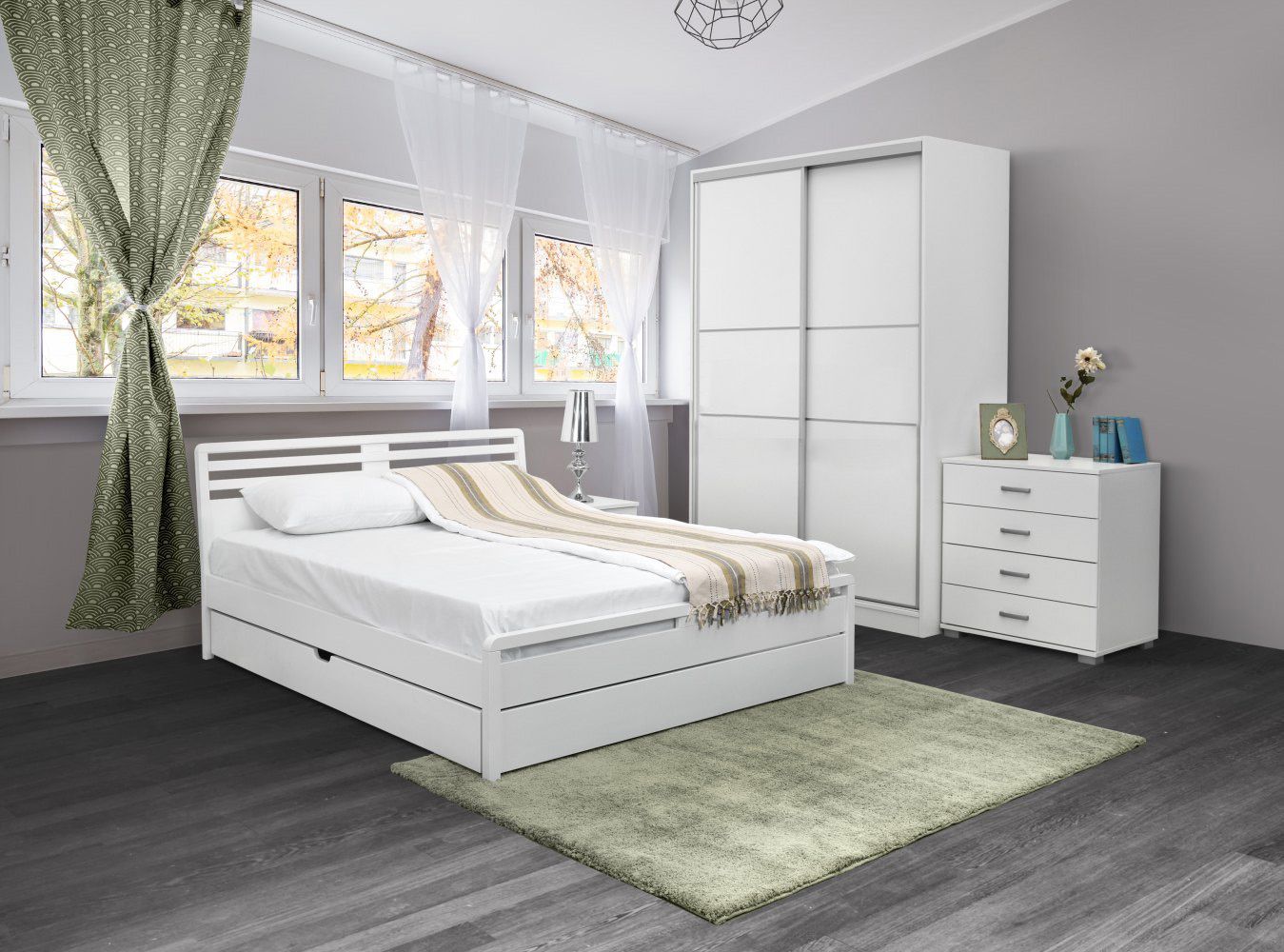 Schlafzimmer Komplett   Set G Pontevedra, 20 teilig, teilmassiv, Farbe Weiß