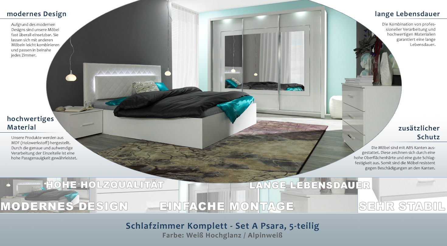 schlafzimmer komplett - set a psara, 5-teilig, farbe: weiß hochglanz /  alpinweiß