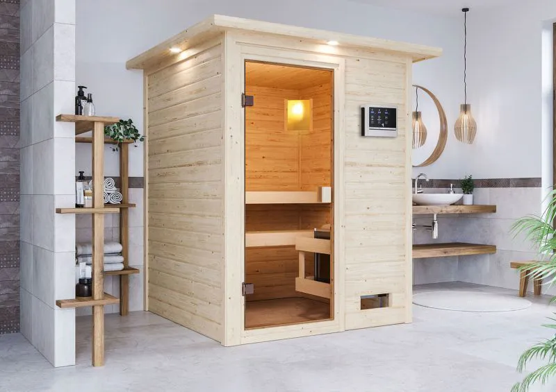 Sauna "Eivind" SET mit bronzierter Tür und Kranz - Farbe: Natur, Ofen externe Steuerung easy 9 kW - 173 x 159 x 191 cm (B x T x H)