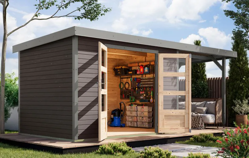 Holz Gartenhaus Anbaudach mit metallverstärkte-Ecken, Fichte terragrau/graualuminium, Trapezblechdach witterungsbeständig, Doppelflügeltür, 6,35 m²