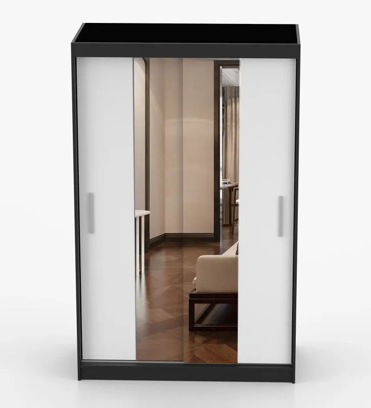Schiebetürenschrank / Kleiderschrank | mit Spiegel | Weiß / Schwarz | Rudawy 09 | 61 x 120 x 200 cm | 2 Türen |1 Kleiderstange | 6 Fächer | eckig
