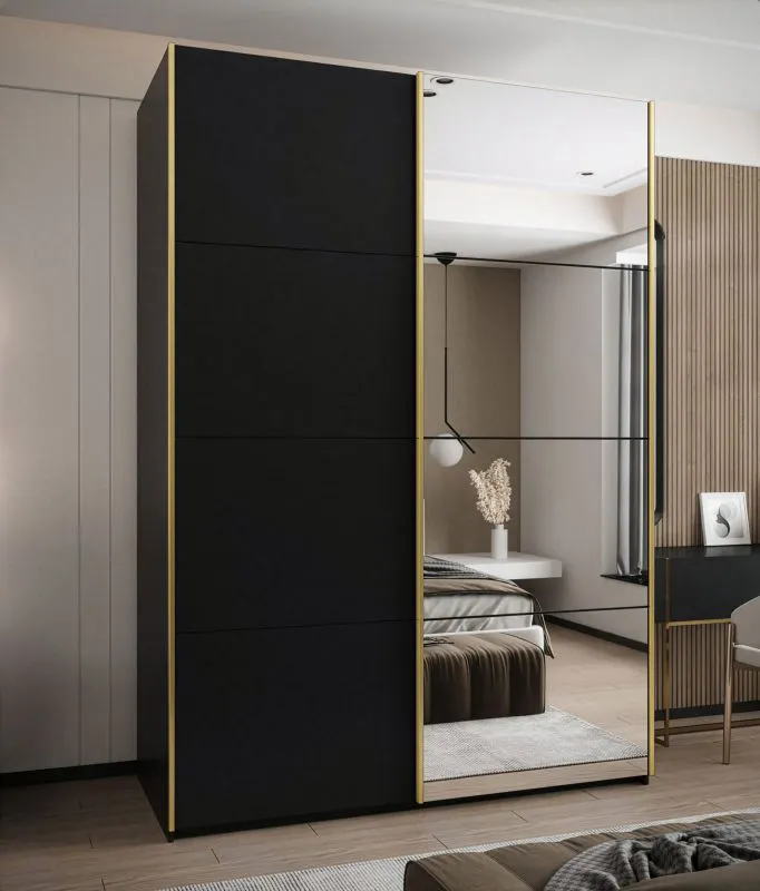 Kleiderschrank / Schiebetürenschrank | 245,5 x 170 x 64 cm | Soft-Close | 2 Kleiderstangen | 11 Fächer | Spiegel | 2 Schiebetüren | Farbe: Schwarz
