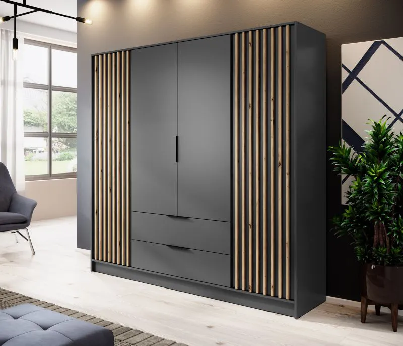 Moderner Kleiderschrank mit vier Türen Leeds 03, Farbe: Graphit - Abmessungen: 200 x 206 x 51 cm (H x B x T), mit zwei Schubladen