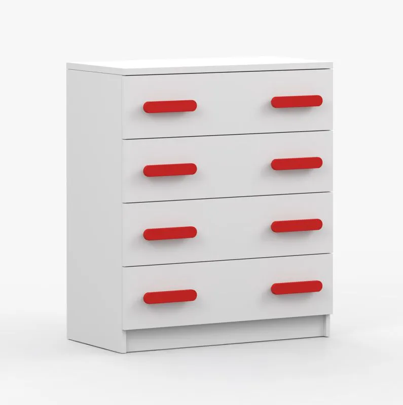 80 cm breite Kommode | Weiß | Smolikas 21 | 4 geräumige Schubladen | rote Holzgriffe | 90 x 80 x 40 cm | Kinder | Jugend