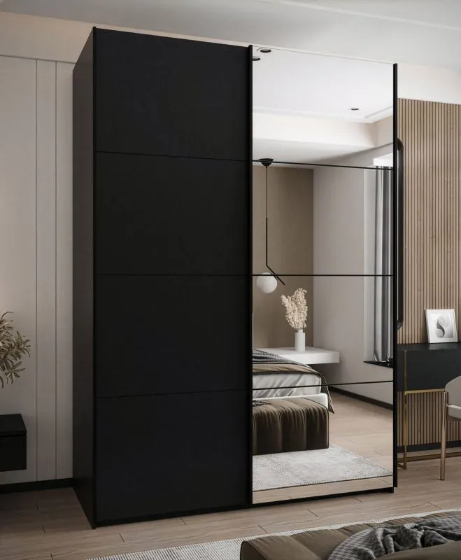 Kleiderschrank / Schiebetürenschrank | 2 Schiebetüren | Spiegel | 245,5 x 170 x 64 cm | 2 Kleiderstangen | Soft-Close | Farbe: Schwarz | 11 Fächer
