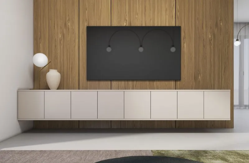 TV-Board | Kaschmir | Push-to-open Funktion | 8 Türen | 16 Fächer | 280 x 40 x 40 cm | kann hängend oder stehend aufgebaut werden | TV-Möbel