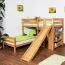 Etagenbett L-Form 90 x 200 cm | Buche massiv | natur lackiert | mit Regal und Rutsche | inkl. Rollrost | teilbar Abbildung