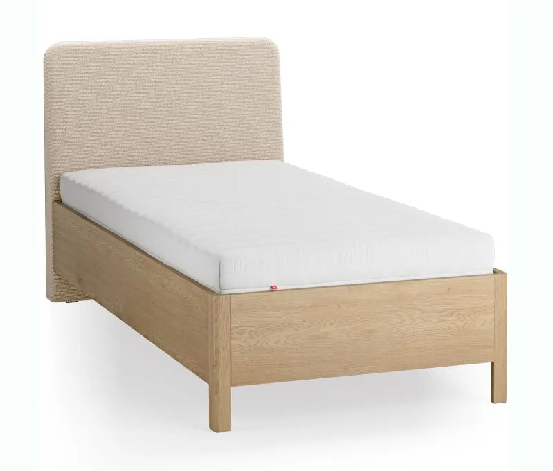 Einzelbett | Farbe: Eiche / Beige | Eiche massiv | weich gepolsterte Kopfstütze | 90 x 200 cm | Gästebett | inkl. Lattenrost | dezent abgerundete Form