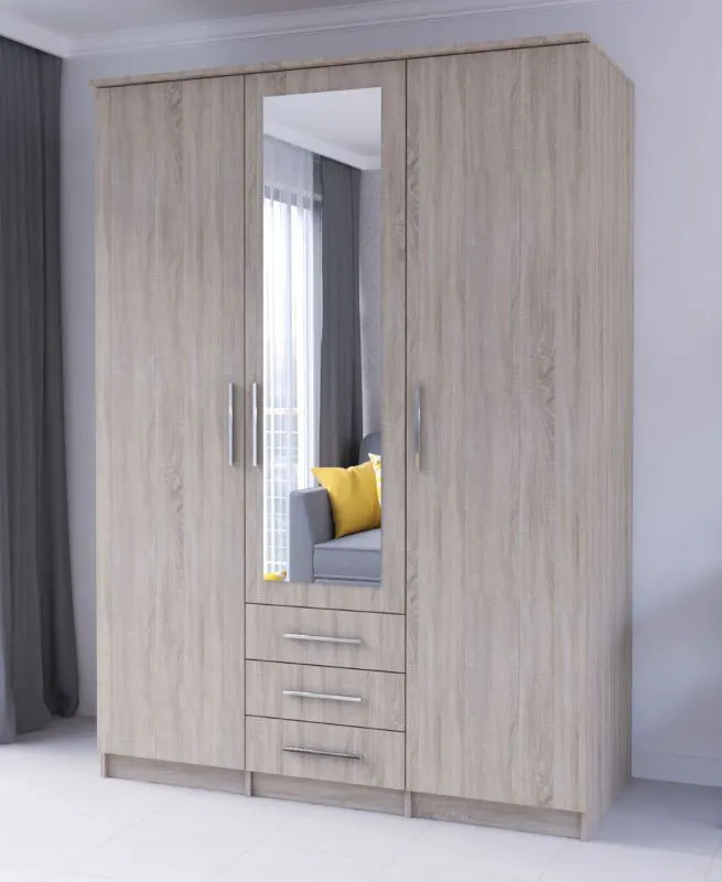 Kleiderschrank / Drehtürenschrank | Sonoma Eiche | Kopaonik 04 | mit Spiegel | 3 Schubladen | 3 Türen |Kleiderstange | 207 x 151 x 59 cm | 6 Fächer