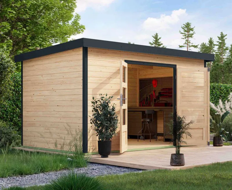 Holz Gartenhaus aus nordischer Fichte, naturbelassen/anthrazit, Trapezblech-Pultdach robust, Doppelflügeltür mit Lichtausschnitten, 3,60 × 2,40 m