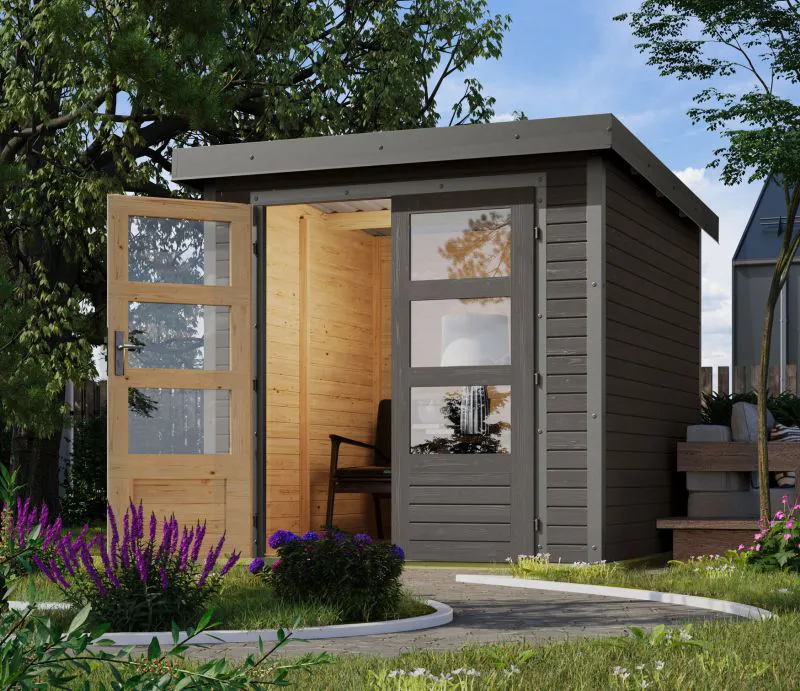 Holzgartenhaus mit Doppelflügeltür, terragrau/graualuminium Pultdach aus Trapezblech, wartungsarm, witterungsbeständig, Zylinderschloss, 2,09×2,13 m