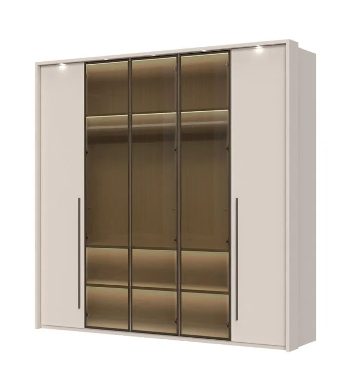 Kleiderschrank mit drei Glastüren inkl. LED-Rahmen und Innenbeleuchtung Neiafu 71, Farbe: Kaschmir, Soft-Close-Funktion, Maße: 224 x 227 x 56 cm