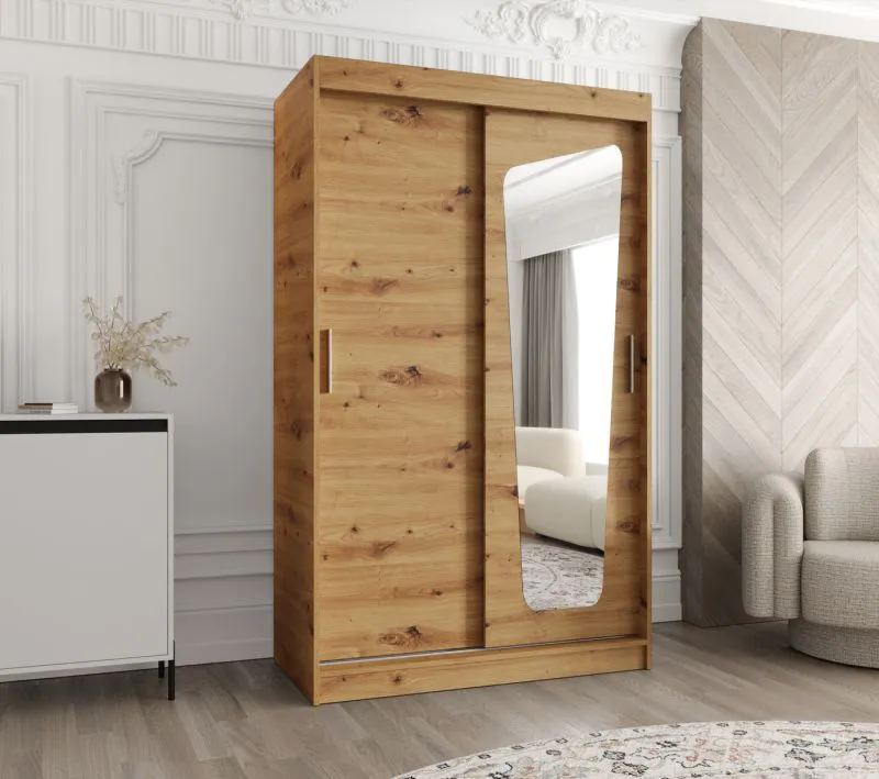 Schiebetürenschrank Aletschhorn 05, eine Spiegeltür, Farbe: Eiche Artisan, 1,2 Meter breit, fünf Fächer, zwei Kleiderstangen, Kleiderschrank, Aluminiumschienen