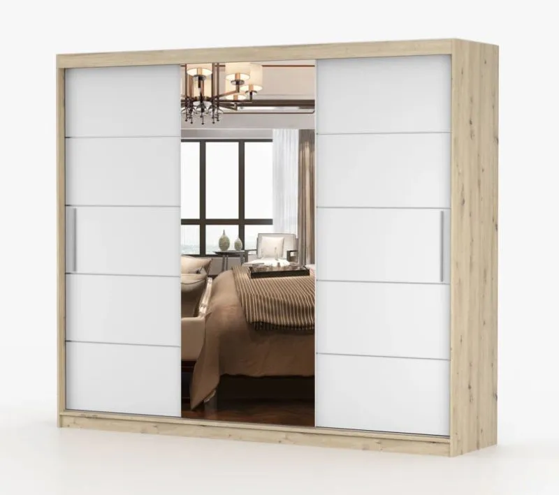 Schiebetürenschrank 2,5 Meter breit / Kleiderschrank | Cevennen 19 | Artisan / Weiß | mit Spiegel | 12 Fächer | 3 Türen | 218 x 250 x 61 cm |Holzoptik