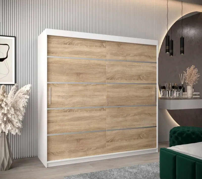 200 cm breiter Kleiderschrank mit 10 Fächern und 2 Türen | Farbe: Sonoma Eiche / Weiß Abbildung