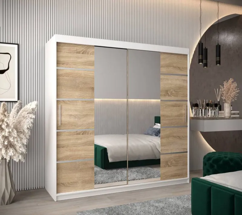 200 cm breiter Kleiderschrank mit 2 Türen | 10 Fächer | Farbe: Sonoma Eiche / Weiß Abbildung