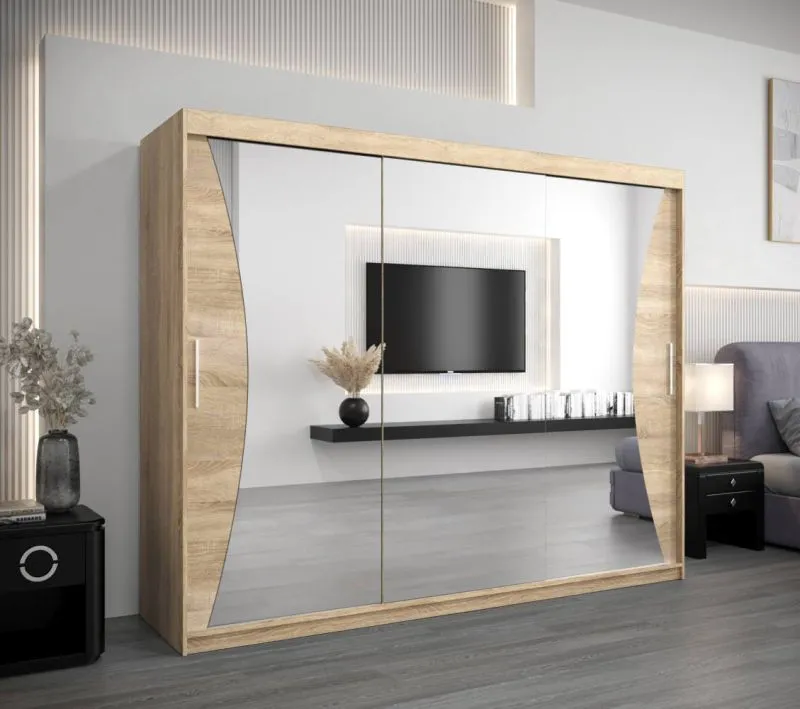 250 cm breiter Kleiderschrank mit 3 Türen | 10 Fächer | Farbe: Sonoma Eiche Abbildung