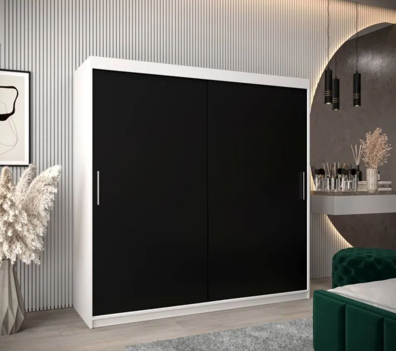 200 cm breiter Kleiderschrank mit 10 Fächern und 2 Türen | Farbe: Weiß / Schwarz Abbildung