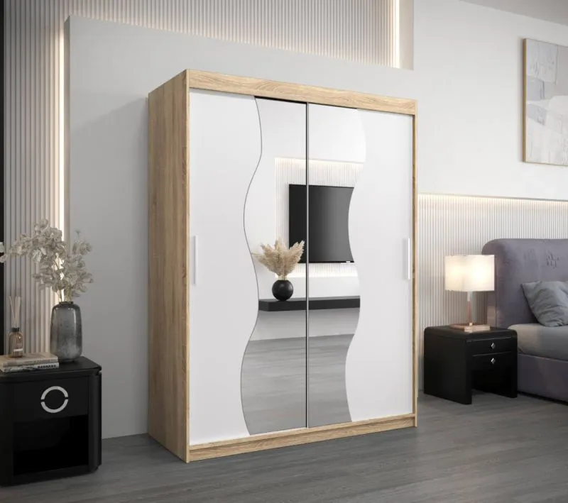 150 cm breiter Kleiderschrank mit 5 Fächern und 2 Türen | Farbe: Sonoma Eiche / Weiß Abbildung