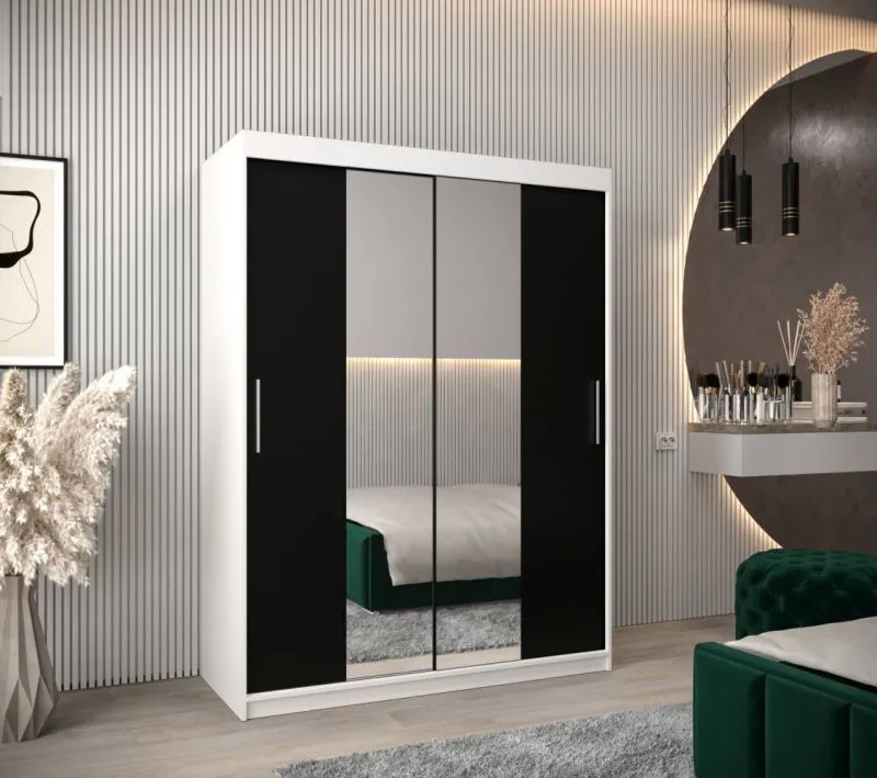 150 cm breiter Schiebetürenschrank mit 2 Türen | 5 Fächer | 2 Kleiderstangen | Farbe: Weiß / Schwarz Abbildung