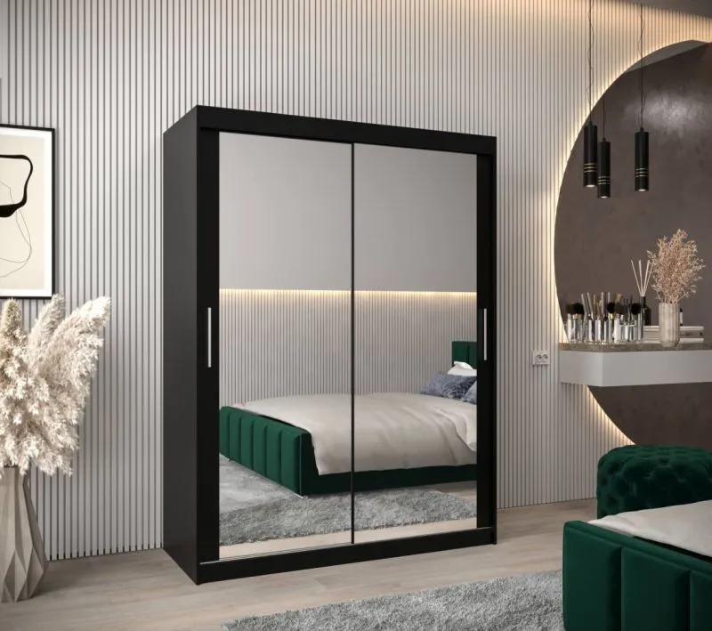 150 cm breiter Schiebetürenschrank mit 2 Türen | 5 Fächer | 2 Kleiderstangen | Farbe: Schwarz Abbildung