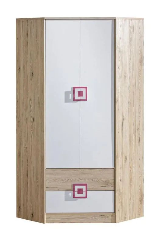 Kinderzimmer - Eckschrank, Farbe: Eiche Hellbraun / Weiß / Rosa - 190 x 87 x 87 cm (H x B x T) Abbildung