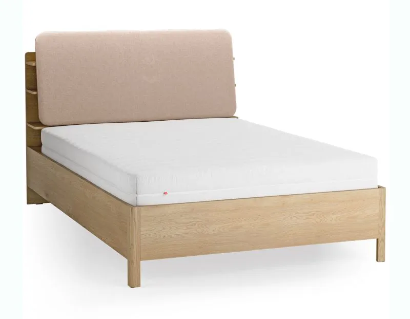 Doppelbett | Farbe: Eiche / Ecru | 140 x 200 cm | gepolsterte Kopfstütze | inkl. Lattenrost | vier offene Regale | Behälter hinter Rückenlehne