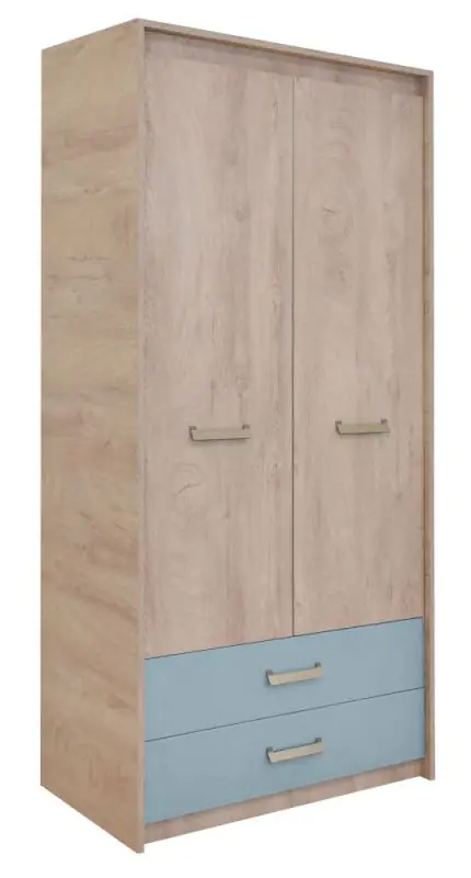 Kinderzimmer - Drehtürenschrank / Kleiderschrank Koa 02, Farbe: Eiche / Blau - Abmessungen: 203 x 96 x 52 cm (H x B x T)