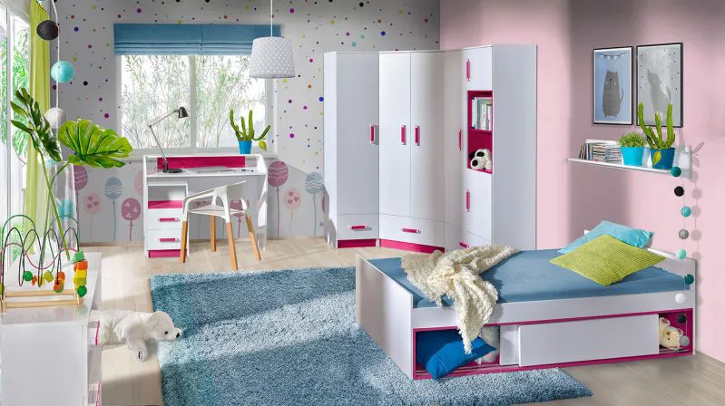 Kinderzimmer - Eckschrank, Farbe: Weiß / Rosa - 189 x 87 x 87 cm (H x B x T) Abbildung
