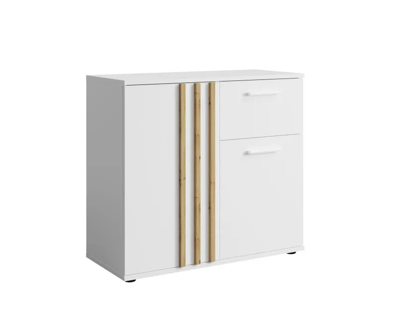 Kommode mit einer Schublade Elefsina 04, zwei Türen, drei Fächer, schmale Kommode, Farbe: Weiß / Eiche Artisan, Maße: 73 x 80 x 35 cm, modernes Design