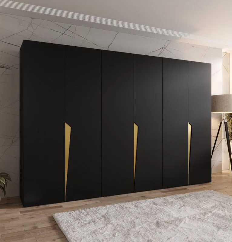 Drehtürenschrank | Farbe: Schwarz | ABS-Kanten | 3 Meter breit | 3 Kleiderstangen | Soft-Close-Funktion | Griffe: Gold | 3 Fächer | Maße: 300 x 52 x 202 cm